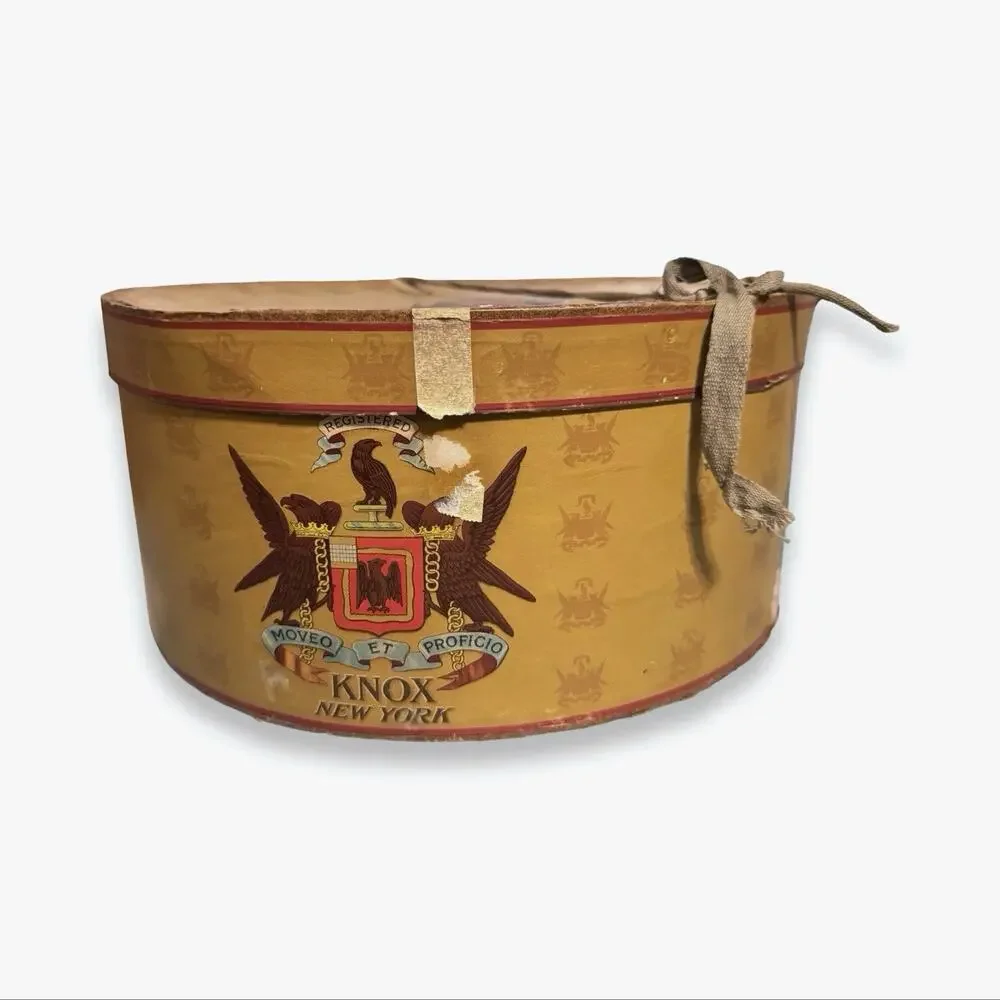 Vintage 1940s-50s Knox New York Hat Box Gold Cardboard Eagle Crest 14.75”